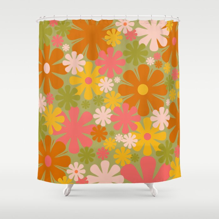 Retro 60s 70s Aesthetic Floral Pattern in Green Pink Yellow Orange Shower Curtain Gallery Image 1
