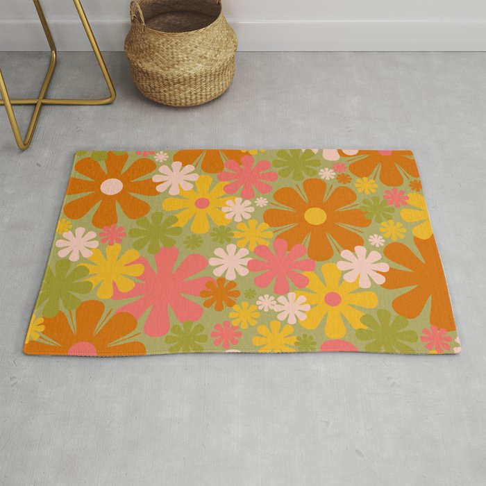 Retro 60s 70s Aesthetic Floral Pattern in Green Pink Yellow Orange Rug Gallery Image 1