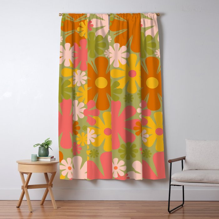 Retro 60s 70s Aesthetic Floral Pattern in Green Pink Yellow Orange Window Curtain Gallery Image 1