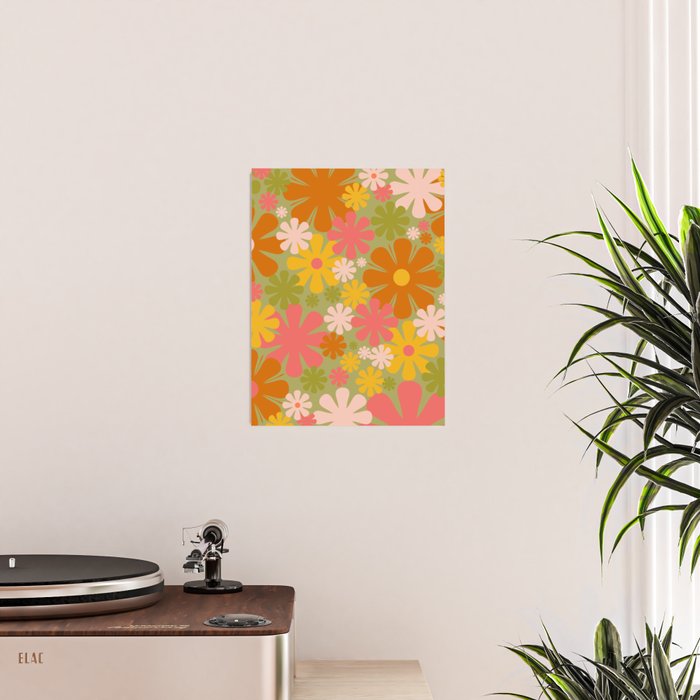 Retro 60s 70s Aesthetic Floral Pattern in Green Pink Yellow Orange Poster Gallery Image 2