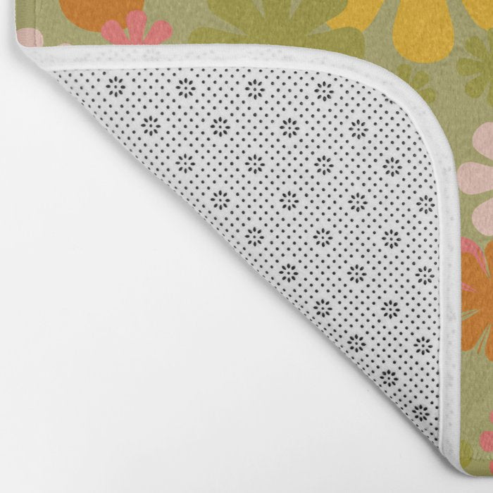 Retro 60s 70s Aesthetic Floral Pattern in Green Pink Yellow Orange Bath Mat Gallery Image 2