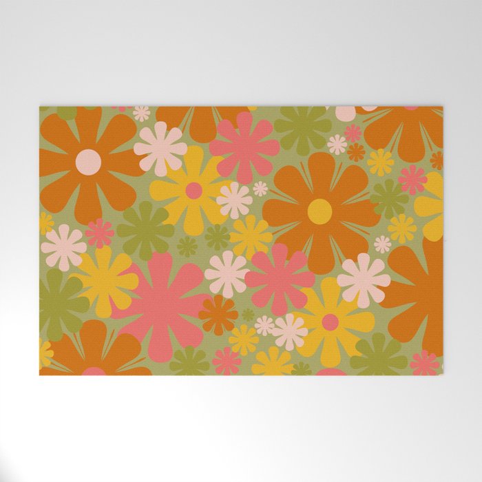 Retro 60s 70s Aesthetic Floral Pattern in Green Pink Yellow Orange Welcome Mat Gallery Image 1