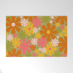 Retro 60s 70s Aesthetic Floral Pattern in Green Pink Yellow Orange Welcome Mat Gallery Image 1