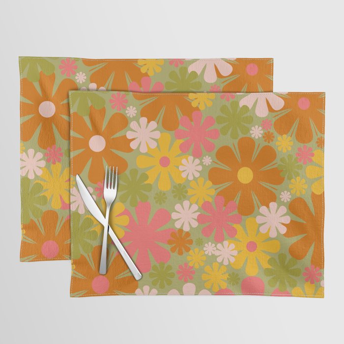 Retro 60s 70s Aesthetic Floral Pattern in Green Pink Yellow Orange Placemat Gallery Image 1