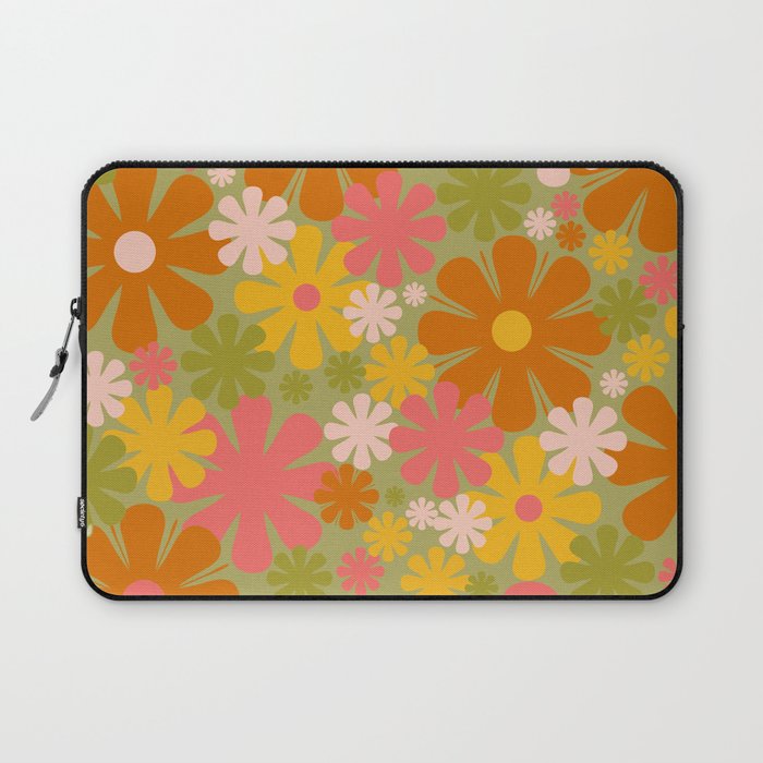 Retro 60s 70s Aesthetic Floral Pattern in Green Pink Yellow Orange Laptop Sleeve Gallery Image 1