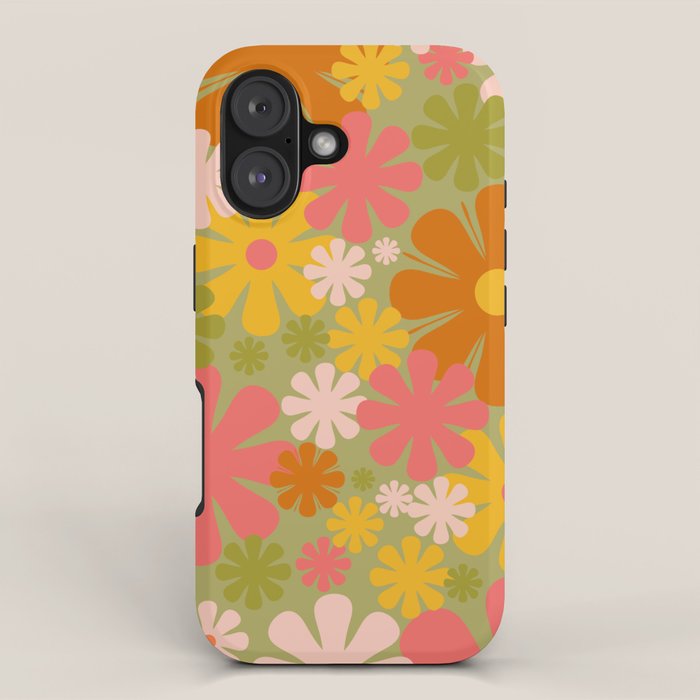 Retro 60s 70s Aesthetic Floral Pattern in Green Pink Yellow Orange iPhone Case Gallery Image 1