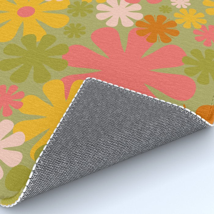 Retro 60s 70s Aesthetic Floral Pattern in Green Pink Yellow Orange Rug Gallery Image 4
