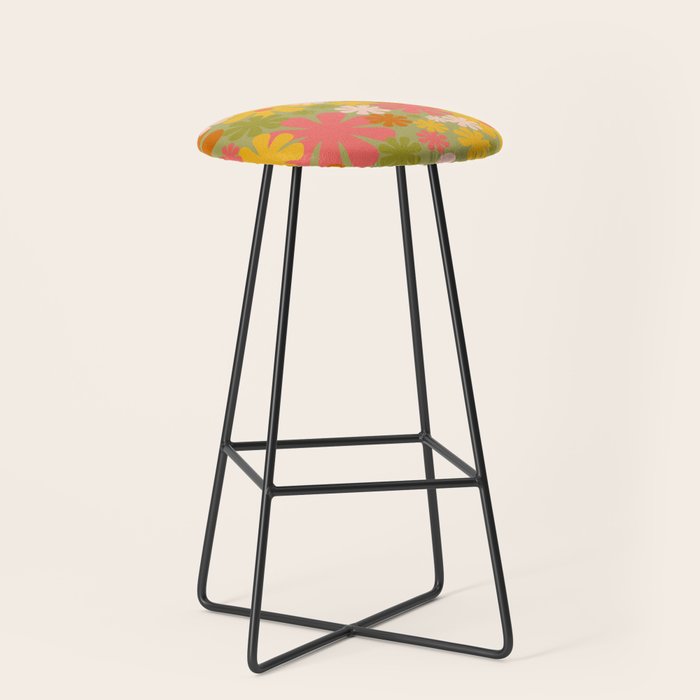 Retro 60s 70s Aesthetic Floral Pattern in Green Pink Yellow Orange Stool Gallery Image 1