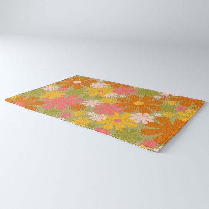 Retro 60s 70s Aesthetic Floral Pattern in Green Pink Yellow Orange Rug Gallery Image 3