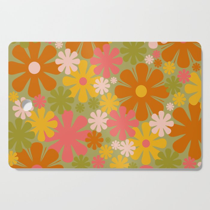 Retro 60s 70s Aesthetic Floral Pattern in Green Pink Yellow Orange Cutting Board Gallery Image 1