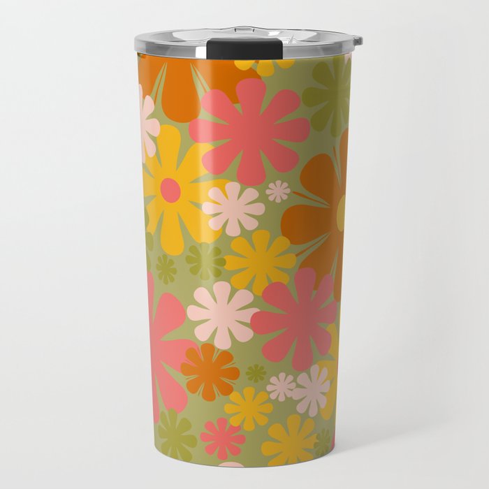 Retro 60s 70s Aesthetic Floral Pattern in Green Pink Yellow Orange Travel Mug Gallery Image 1
