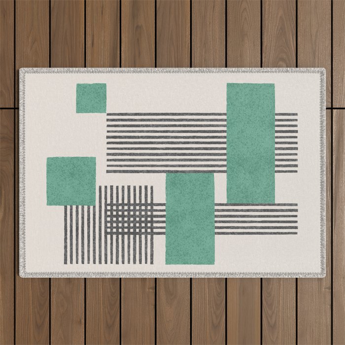 Stripes and Square Green Composition - Abstract Outdoor Rug Gallery Image 1