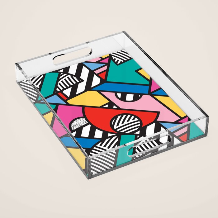 Colorful Memphis Milano Modern Geometric Shapes - 80s 90s retro electroclash pop art Aztec Acrylic Tray Gallery Image 1