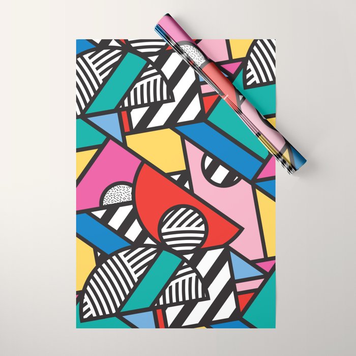 Colorful Memphis Milano Modern Geometric Shapes - 80s 90s retro electroclash pop art Aztec Wrapping Paper Gallery Image 1