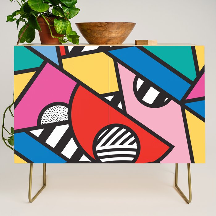 Colorful Memphis Milano Modern Geometric Shapes - 80s 90s retro electroclash pop art Aztec Credenza Gallery Image 1