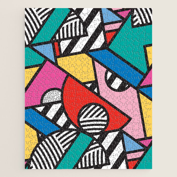 Colorful Memphis Milano Modern Geometric Shapes - 80s 90s retro electroclash pop art Aztec Jigsaw Puzzle Gallery Image 1
