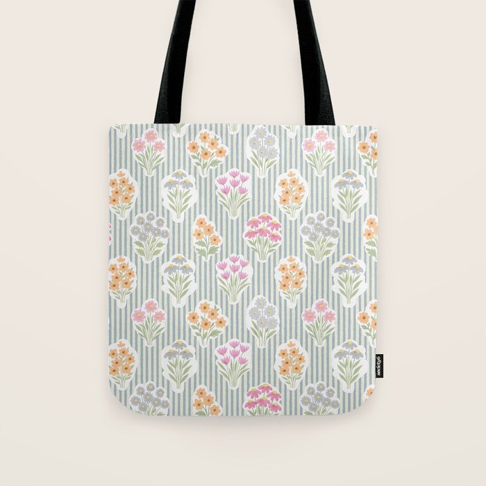 Ditsy Flower Sticker Bouquets on Blue and Cream Pinstripes Tote Bag Gallery Image 1