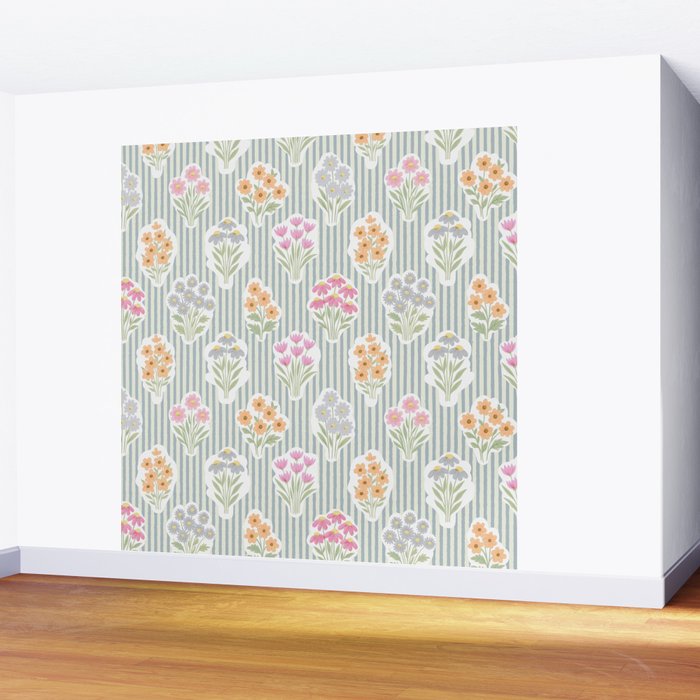 Ditsy Flower Sticker Bouquets on Blue and Cream Pinstripes Wall Mural Gallery Image 2
