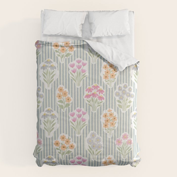 Ditsy Flower Sticker Bouquets on Blue and Cream Pinstripes Comforter Gallery Image 6