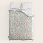 Ditsy Flower Sticker Bouquets on Blue and Cream Pinstripes Duvet Cover Gallery Image 6