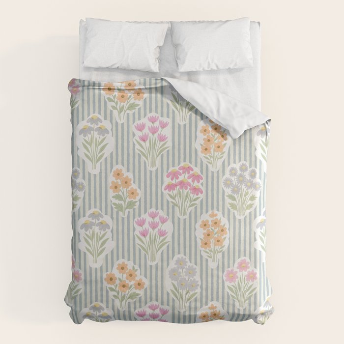 Ditsy Flower Sticker Bouquets on Blue and Cream Pinstripes Duvet Cover Gallery Image 1