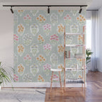 Ditsy Flower Sticker Bouquets on Blue and Cream Pinstripes Wall Mural Gallery Image 1