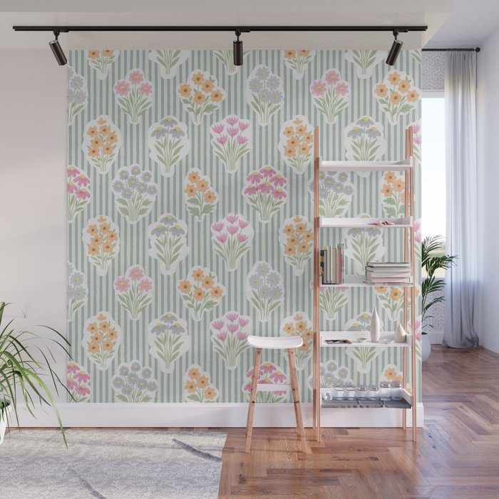 Ditsy Flower Sticker Bouquets on Blue and Cream Pinstripes Wall Mural Gallery Image 1