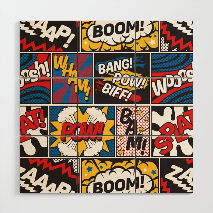 Modern Comic Book Superhero Pattern Color Colour Cartoon Lichtenstein Pop Art Wood Wall Art Gallery Image 1