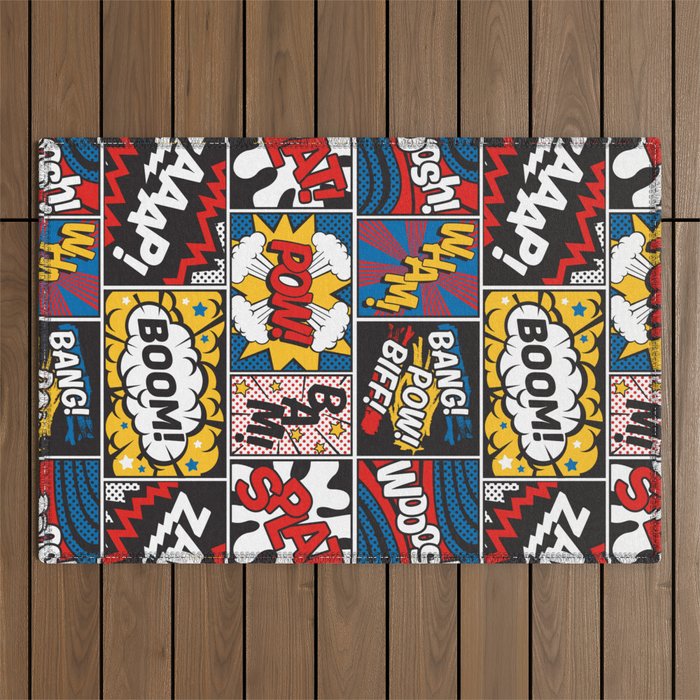 Modern Comic Book Superhero Pattern Color Colour Cartoon Lichtenstein Pop Art Outdoor Rug Gallery Image 1