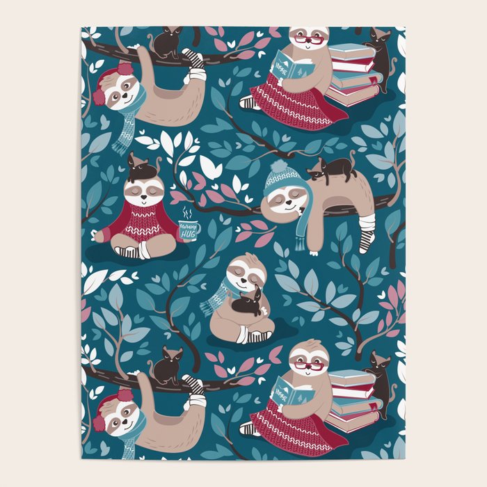 Hygge sloth // turquoise and red Poster Gallery Image 4