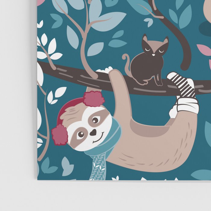 Hygge sloth // turquoise and red Poster Gallery Image 3