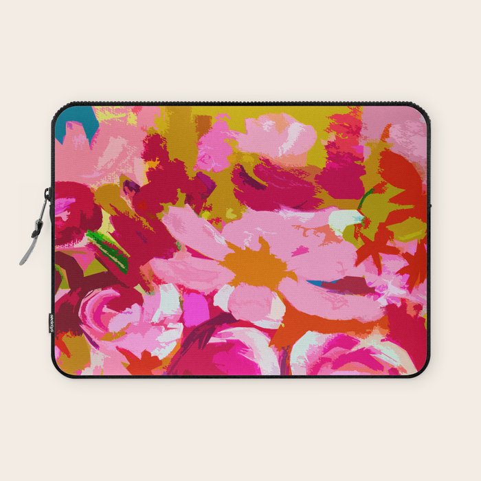 Abstracted Flower Painting in Hot Pink, red, spring green Laptop Sleeve Gallery Image 1