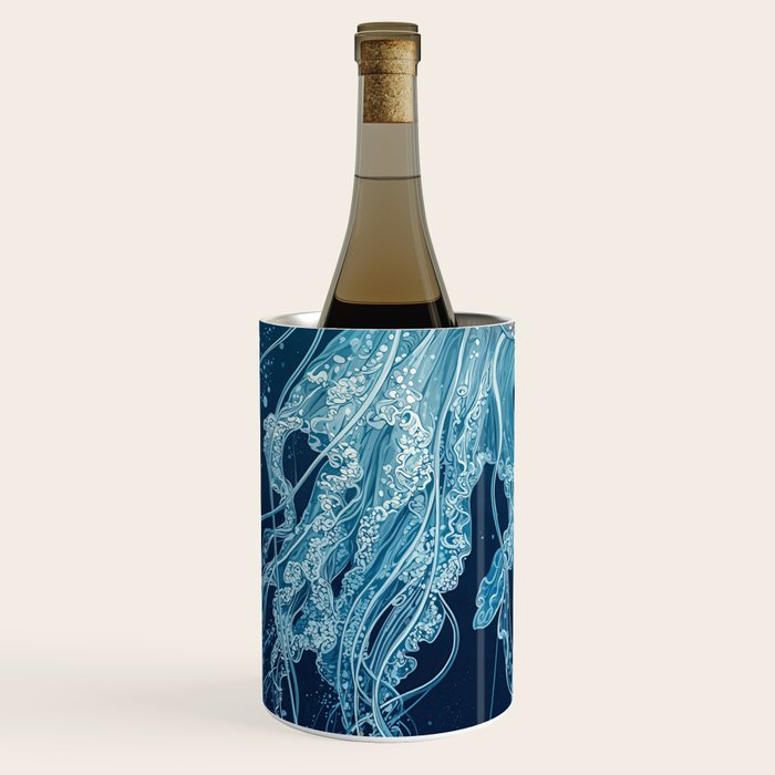 Japandi Wall Art Jellyfish Painting Blue Maximalist Japanese Wall Art Ocean White and Blue Poster Wine Chiller Gallery Image 1