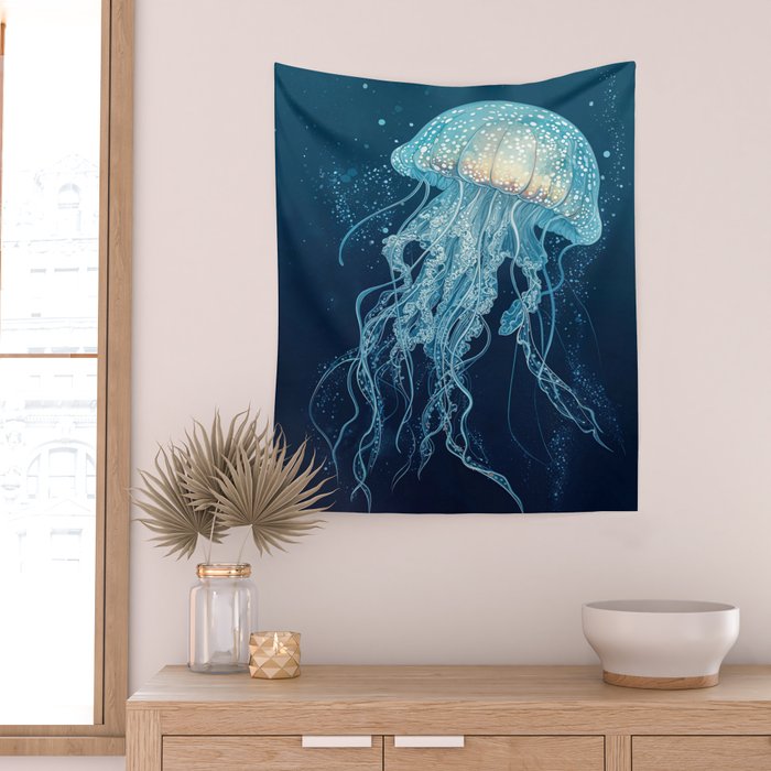 Japandi Wall Art Jellyfish Painting Blue Maximalist Japanese Wall Art Ocean White and Blue Poster Wall Tapestry Gallery Image 2