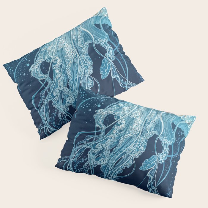 Japandi Wall Art Jellyfish Painting Blue Maximalist Japanese Wall Art Ocean White and Blue Poster Pillow Sham Gallery Image 3