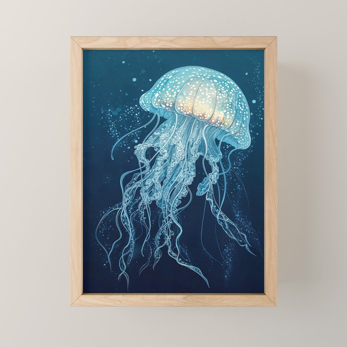 Japandi Wall Art Jellyfish Painting Blue Maximalist Japanese Wall Art Ocean White and Blue Poster Mini Art Print Gallery Image 1