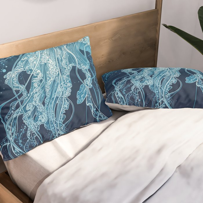 Japandi Wall Art Jellyfish Painting Blue Maximalist Japanese Wall Art Ocean White and Blue Poster Pillow Sham Gallery Image 2