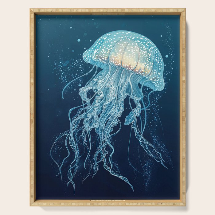 Japandi Wall Art Jellyfish Painting Blue Maximalist Japanese Wall Art Ocean White and Blue Poster Serving Tray Gallery Image 1
