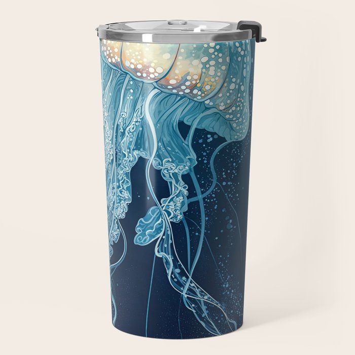 Japandi Wall Art Jellyfish Painting Blue Maximalist Japanese Wall Art Ocean White and Blue Poster Travel Mug Gallery Image 2