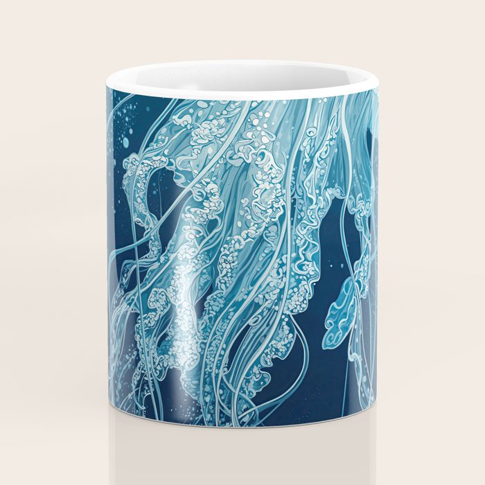 Japandi Wall Art Jellyfish Painting Blue Maximalist Japanese Wall Art Ocean White and Blue Poster Coffee Mug Gallery Image 4
