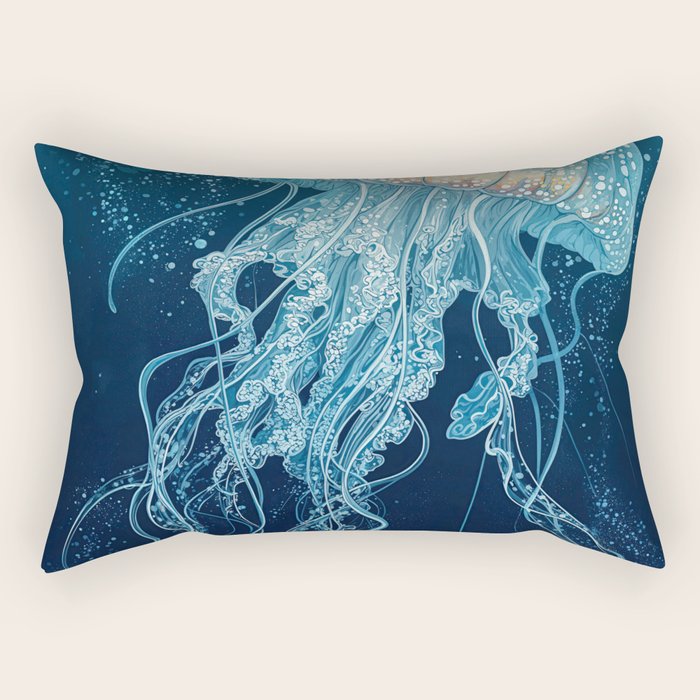 Japandi Wall Art Jellyfish Painting Blue Maximalist Japanese Wall Art Ocean White and Blue Poster Rectangular Pillow Gallery Image 1