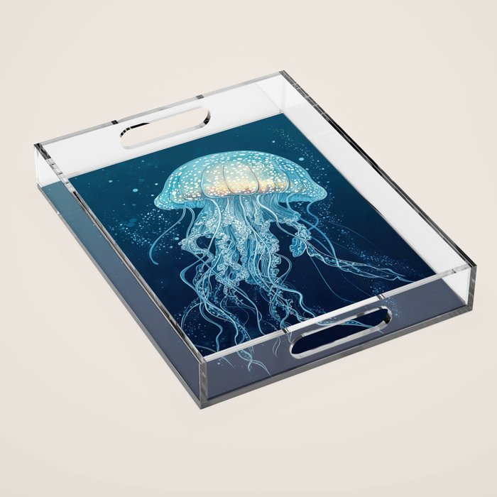 Japandi Wall Art Jellyfish Painting Blue Maximalist Japanese Wall Art Ocean White and Blue Poster Acrylic Tray Gallery Image 1