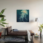 Japandi Wall Art Jellyfish Painting Blue Maximalist Japanese Wall Art Ocean White and Blue Poster Wood Wall Art Gallery Image 2