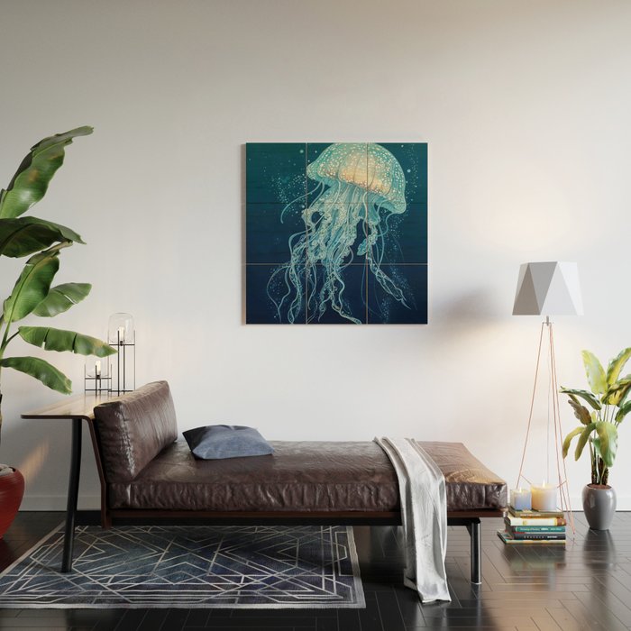 Japandi Wall Art Jellyfish Painting Blue Maximalist Japanese Wall Art Ocean White and Blue Poster Wood Wall Art Gallery Image 2