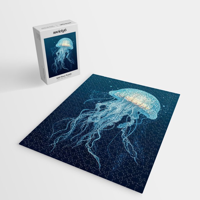Japandi Wall Art Jellyfish Painting Blue Maximalist Japanese Wall Art Ocean White and Blue Poster Jigsaw Puzzle Gallery Image 2