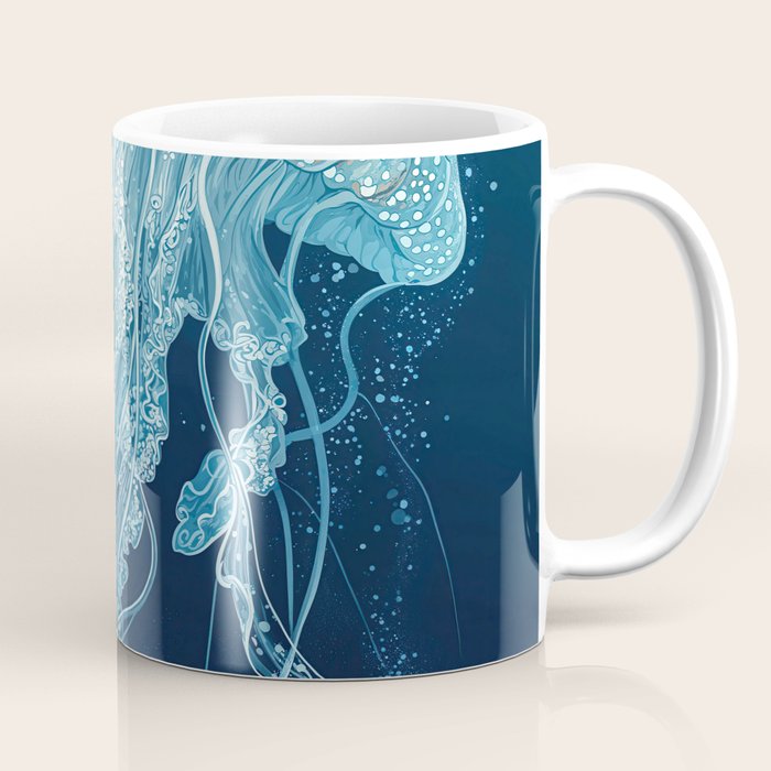 Japandi Wall Art Jellyfish Painting Blue Maximalist Japanese Wall Art Ocean White and Blue Poster Coffee Mug Gallery Image 1