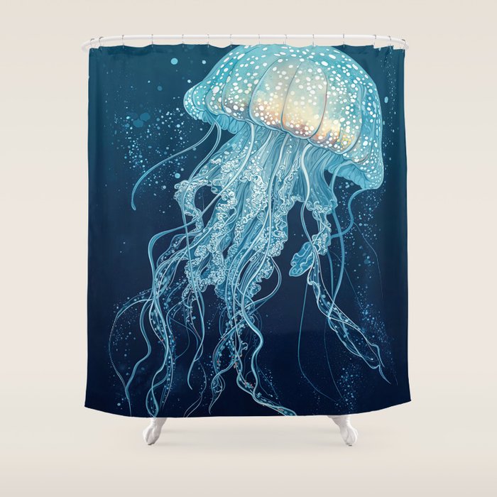 Japandi Wall Art Jellyfish Painting Blue Maximalist Japanese Wall Art Ocean White and Blue Poster Shower Curtain Gallery Image 1