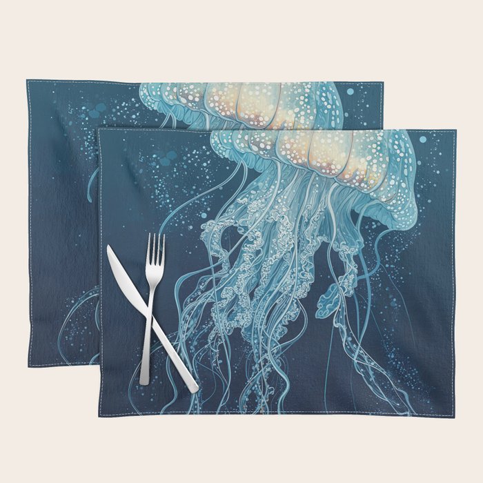 Japandi Wall Art Jellyfish Painting Blue Maximalist Japanese Wall Art Ocean White and Blue Poster Placemat Gallery Image 1