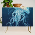 Japandi Wall Art Jellyfish Painting Blue Maximalist Japanese Wall Art Ocean White and Blue Poster Credenza Gallery Image 1