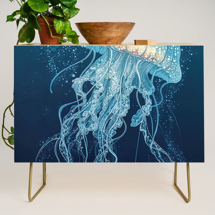 Japandi Wall Art Jellyfish Painting Blue Maximalist Japanese Wall Art Ocean White and Blue Poster Credenza Gallery Image 1